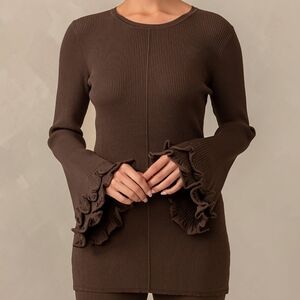 Zahraa The Label Olivia Ruffle Long Sleeve Knit Top - Brown